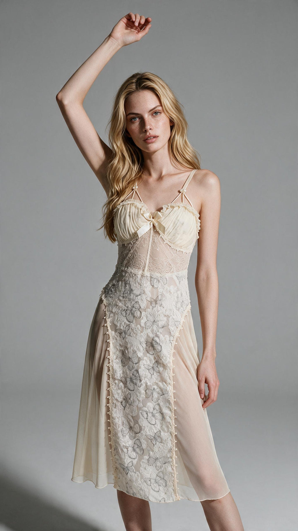 Ethereal Champagne Floral Lace Midi Slip