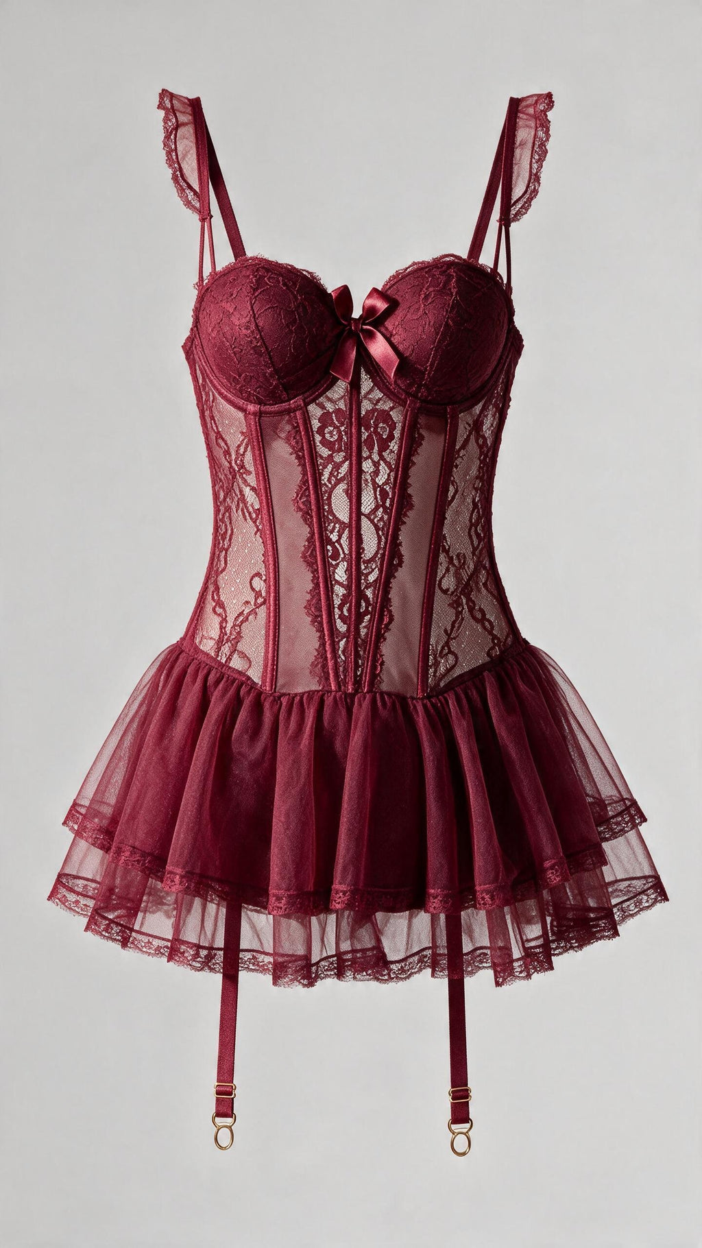 Burgundy Garter Mesh Corset Set