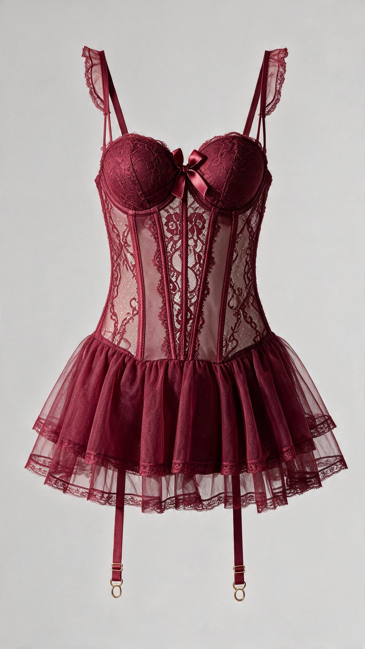 Burgundy Garter Mesh Corset Set