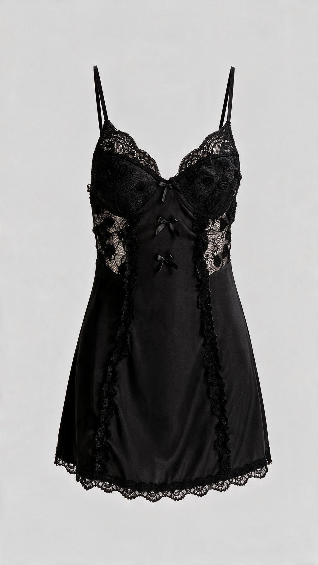 Noir Ruffled Trim Satin Chemise