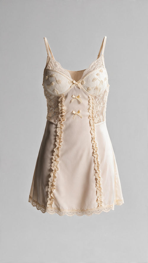Champagne Ruffled Trim Satin Chemise