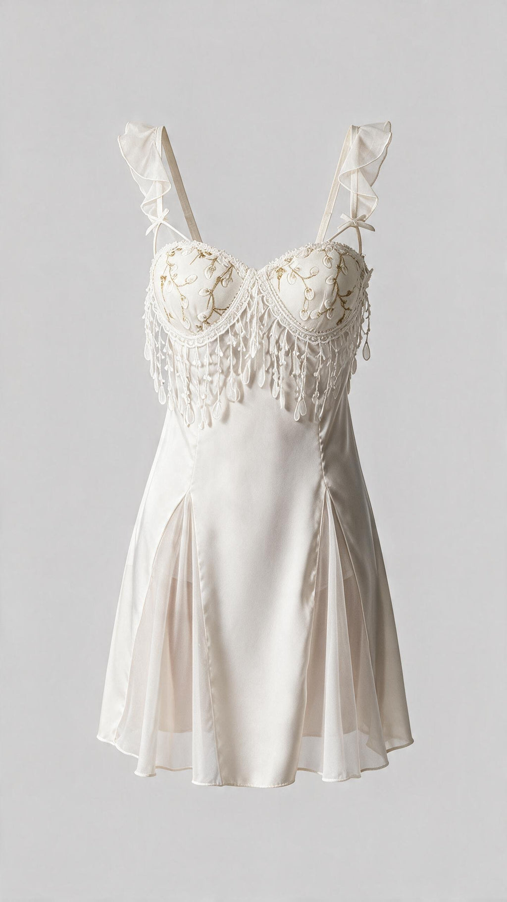 Ivory White Beaded Fringe Satin Babydoll