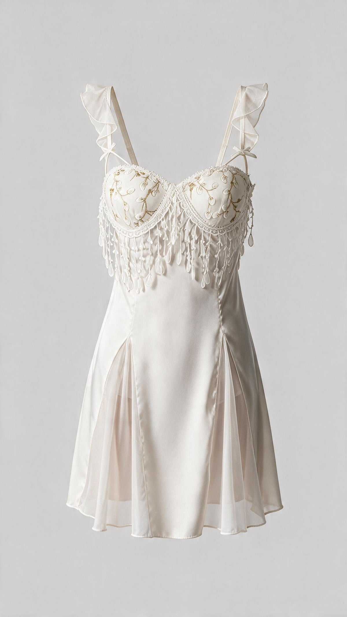 Ivory White Beaded Fringe Satin Babydoll
